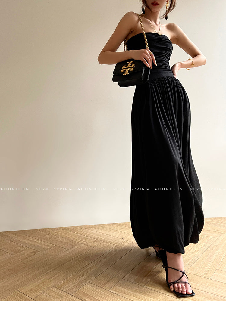 Aconiconi Elegant Black strapless Long Tube Top Dinner Dress  - Hibiscus evening