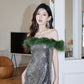 DOLLY Luxury Sliver Retro Style Green Feather Tube Top Long Glitter Party Dress-THEKLA