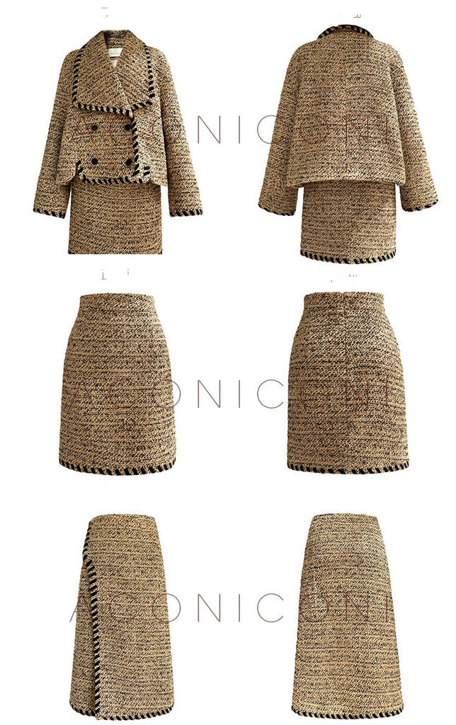 Aconiconi| Caramel wool jacket loose cropped tweed coat suit and skirt hip- Cocoa