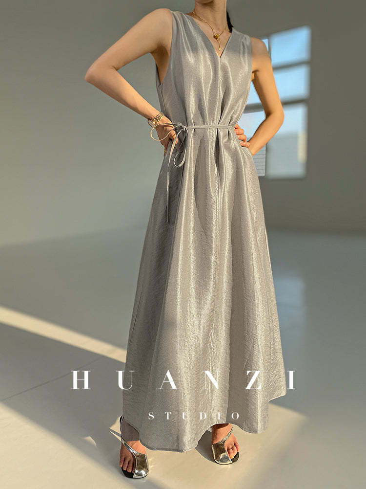 Huanzi custom high-end long sleeveless V-neck dress summer - Miel