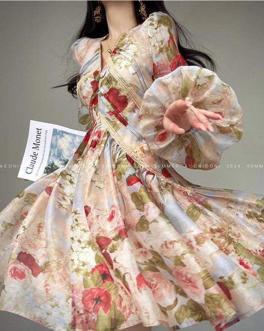 Aconiconi Elegant French Floral Print V-Neck Lantern Sleeve short Dress- Hanano Hatsugaki