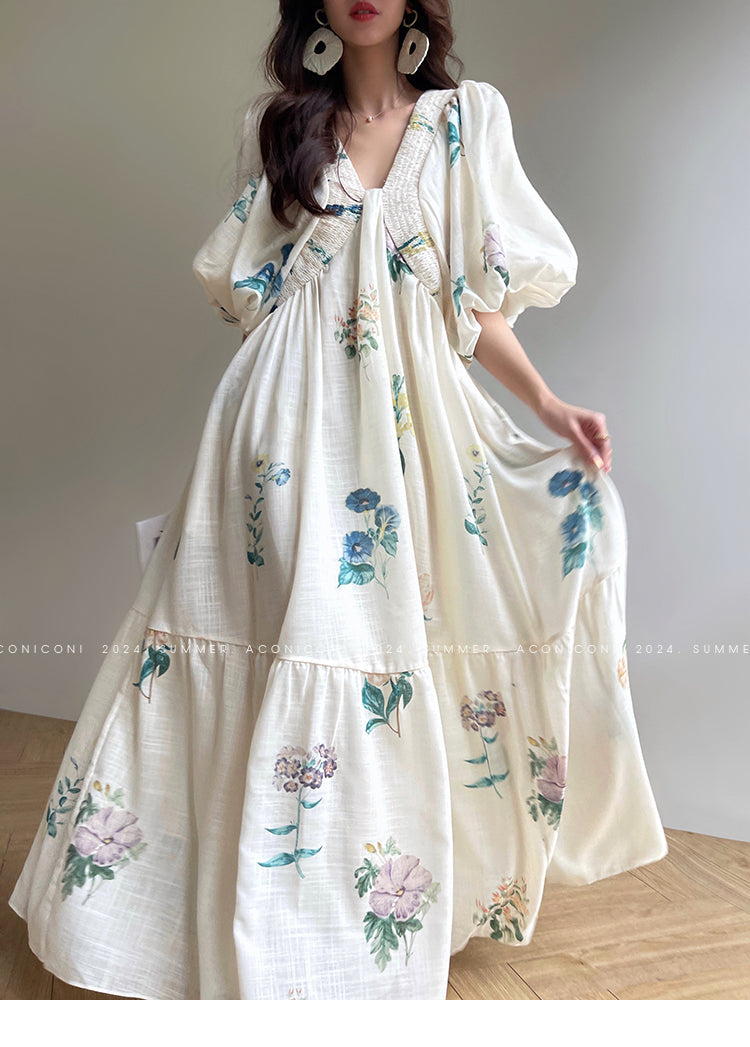 Aconiconi Elegant  Retro Floral Print V-Neck Short Sleeve Holiday Long Dress-Tingting Qingyao