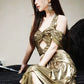 DOLLY Luxury Retro Gold Sleeveless Halter High Waist Long Slit Dress-Goldie