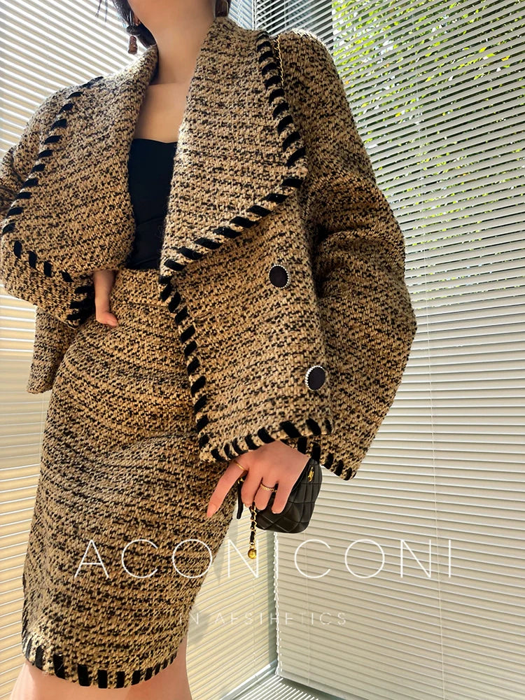 Aconiconi| Caramel wool jacket loose cropped tweed coat suit and skirt hip- Cocoa