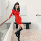 DOLLY Elegant Red Long Sleeve Hooded Slim Fit Hip Hug Short Part Dress-JUDY