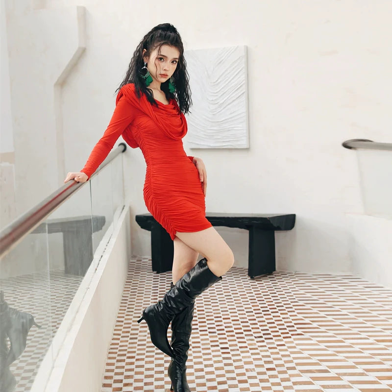 DOLLY Elegant Red Long Sleeve Hooded Slim Fit Hip Hug Short Part Dress-JUDY