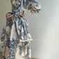 Aconiconi Luxury Retro French Print Long A-line Ribbon Dress-Time Island Blue