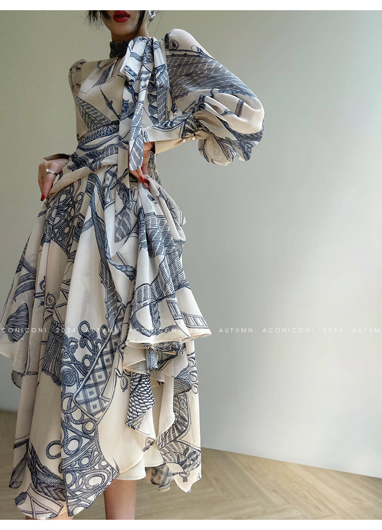 Aconiconi Luxury Retro French Print Long A-line Ribbon Dress-Time Island Blue