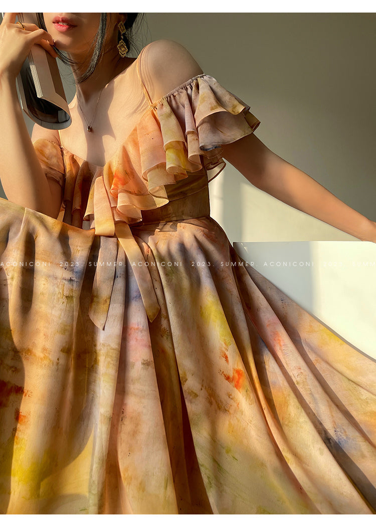 Aconiconi Elegant Oil Painting Square Collar Ruffle cocktail Dress- Floating Light Painting Summer