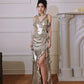 DOLLY Elegant Retro Sliver Gold Deep V-Neck Sleeveless Flower Long Cocktail Dress- Nisa