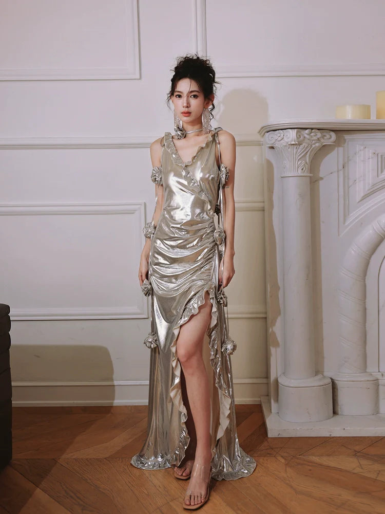 DOLLY Elegant Retro Sliver Gold Deep V-Neck Sleeveless Flower Long Cocktail Dress- Nisa