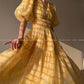 Aconiconi Elegant Yellow V-NeckPuff Sleeve Vacation Dress- Manshan