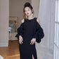 DOLLY Elegant White Retro Style Crew Neck Bubble Sleeves Long Slit Dress-RAIN