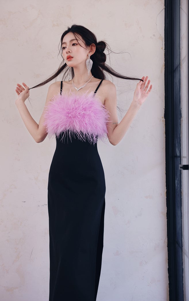 DOLLY Elegant Black Fluffy Feather backless Long Date Dress-JAS