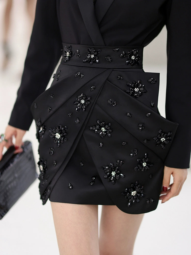 Handmade Be-jeweled stone diamonds cocktail high-waisted short black skirt