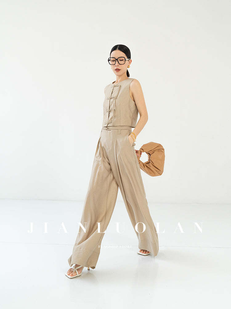 Huanzi custom sleeveless vest top high waist wide leg pants suit two-piece -Wola