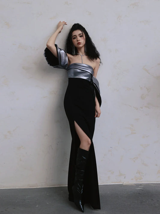 DOLLY High End Sliver/Black Off Shoulder strapless Long Cocktail Dress-MILAN