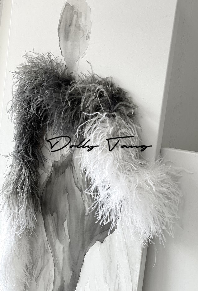 DOLLY High End Gray and White Russian Style High Grade Fluffy Feather Shawl-BENI