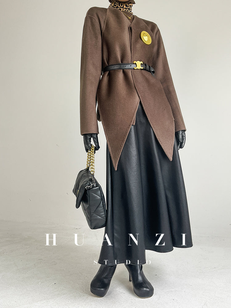 Huanzi wool tweed autumn  winter short cashmere double-sided coat - Talfy