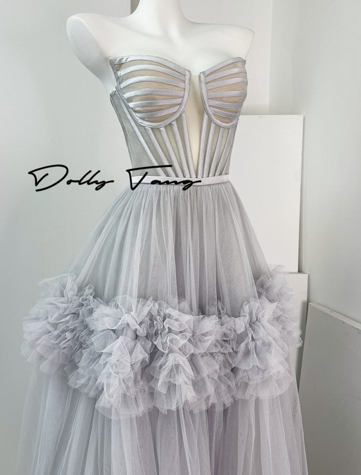 DOLLY Elegant Fog Blue strapless Bandeau High Waist Tutu wedding Dress- vero