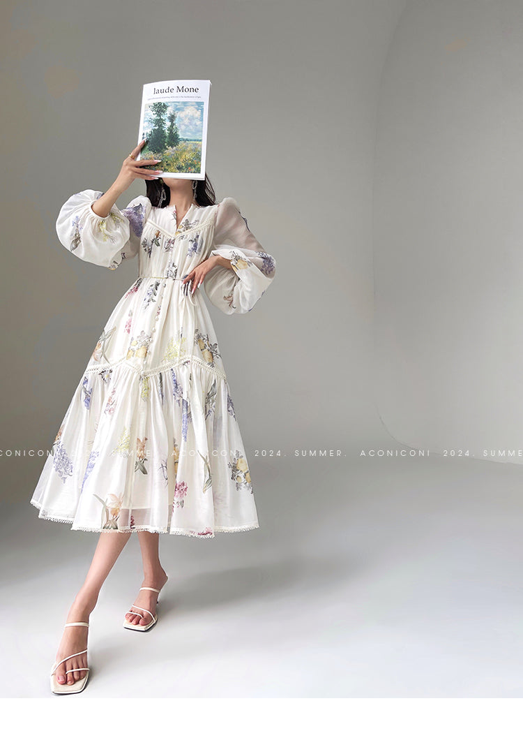 Aconiconi Elegant French Print V-Neck Puff Sleeve vacation Dress- Cloud Forest in the Flowers