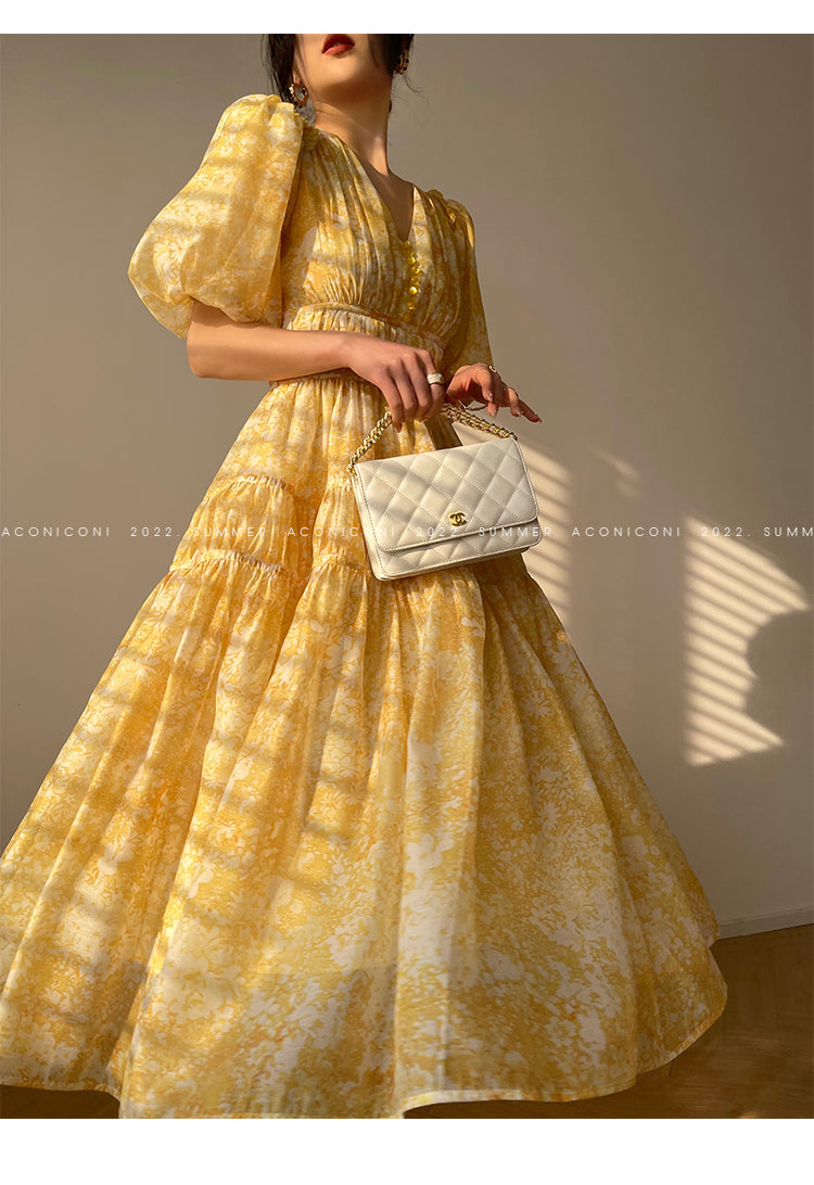 Aconiconi Elegant Yellow V-NeckPuff Sleeve Vacation Dress- Manshan