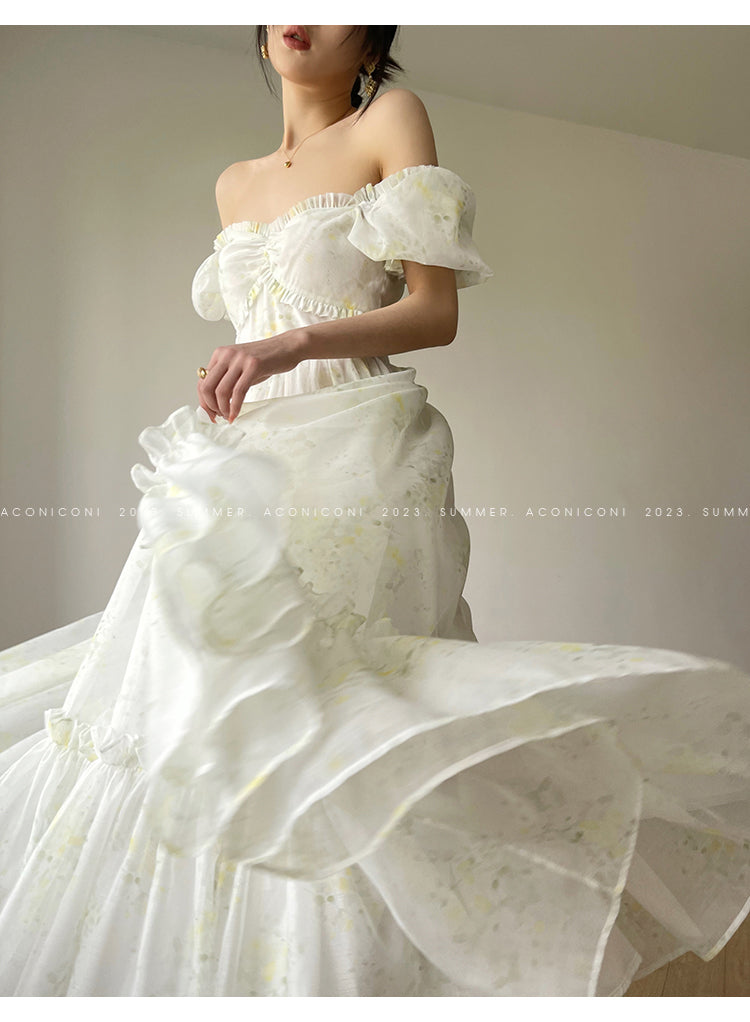 Aconiconi Luxury Off White floral print Puff Sleeve French cottaage bridal Dress- Yurui Chuning