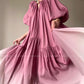 Aconiconi Elegant Grape Gradient V-Neck Puff Sleeve Loose Long Dress- Grape Cotton Cloud