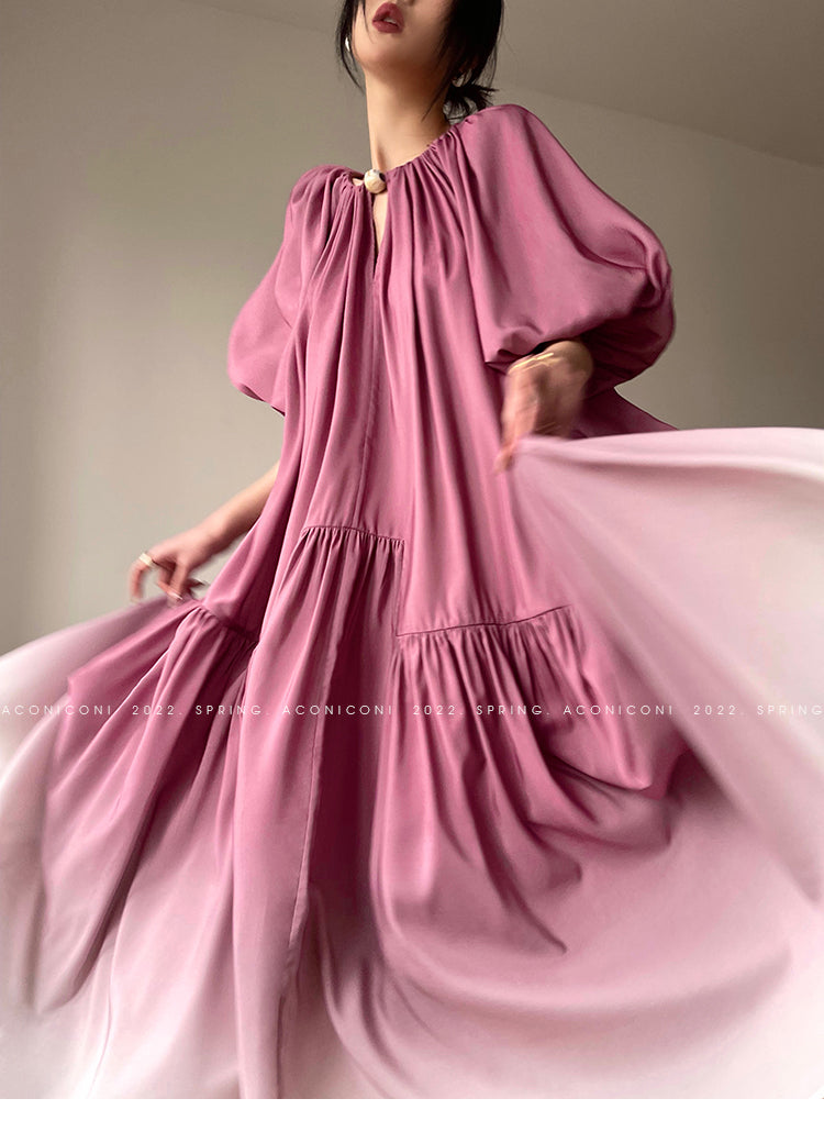 Aconiconi Elegant Grape Gradient V-Neck Puff Sleeve Loose Long Dress- Grape Cotton Cloud