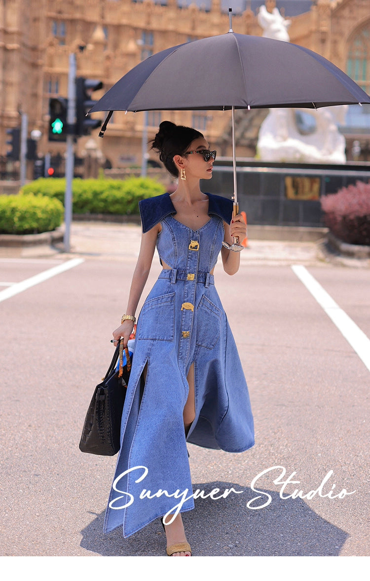 Elegant denim large lapel collar, cut-out waist summer slit long jean denim dress