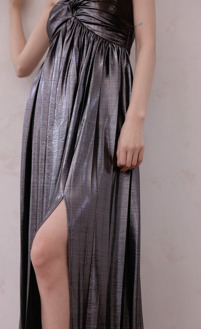 DOLLY Luxury Metallic Ash Pleated Tube Top Long Slit Dress-VIVA