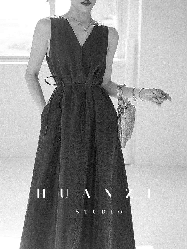 Huanzi custom high-end long sleeveless V-neck dress summer - Miel