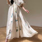 Aconiconi Elegant  Retro Floral Print V-Neck Short Sleeve Holiday Long Dress-Tingting Qingyao