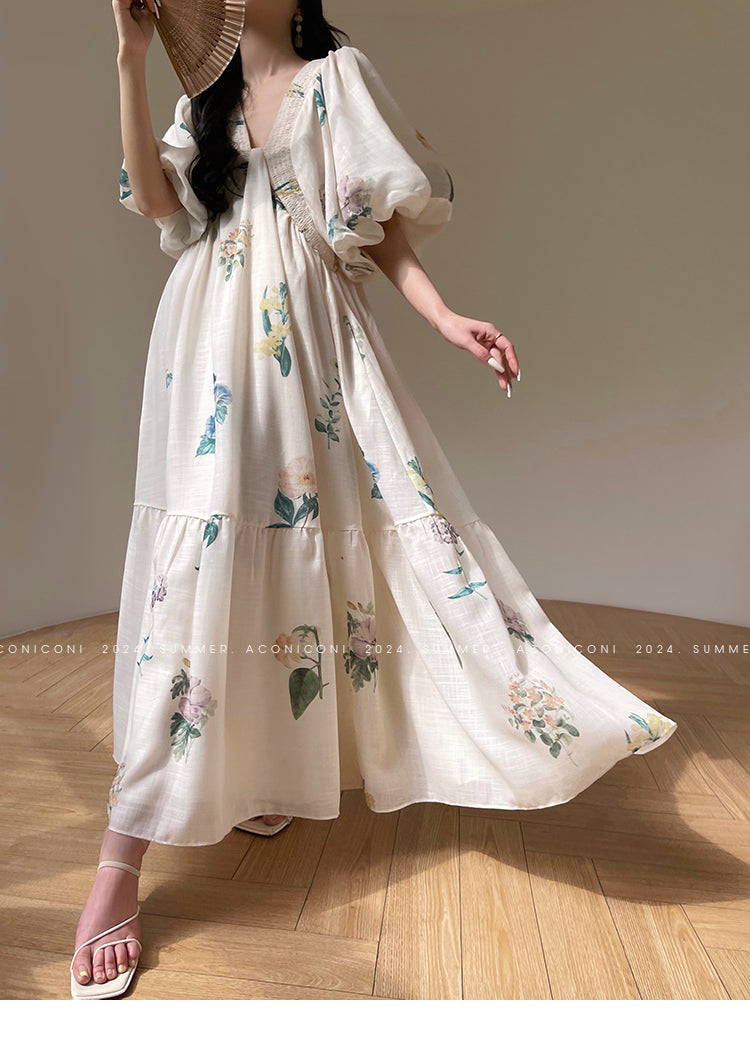 Aconiconi Elegant  Retro Floral Print V-Neck Short Sleeve Holiday Long Dress-Tingting Qingyao