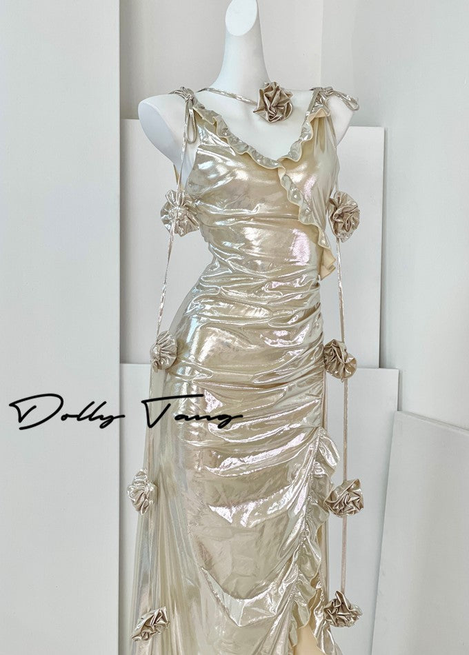 DOLLY Elegant Retro Sliver Gold Deep V-Neck Sleeveless Flower Long Cocktail Dress- Nisa