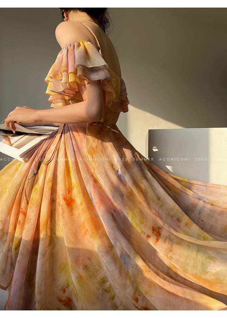 Aconiconi Elegant Oil Painting Square Collar Ruffle cocktail Dress- Floating Light Painting Summer