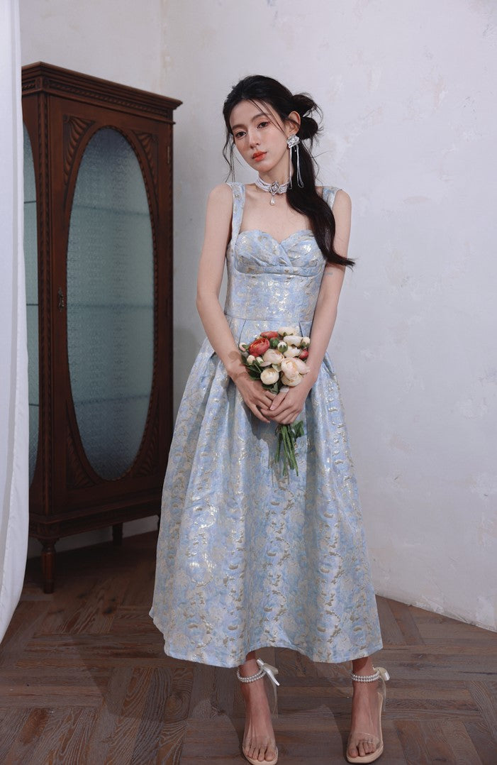 DOLLY Elegant Light Blue French High Waist Long A-Line jacquard Dress- Piere M / Blue DOLLY Elegant Light Blue French High Waist Long A-Line jacquard Dress- Piere M / Blue