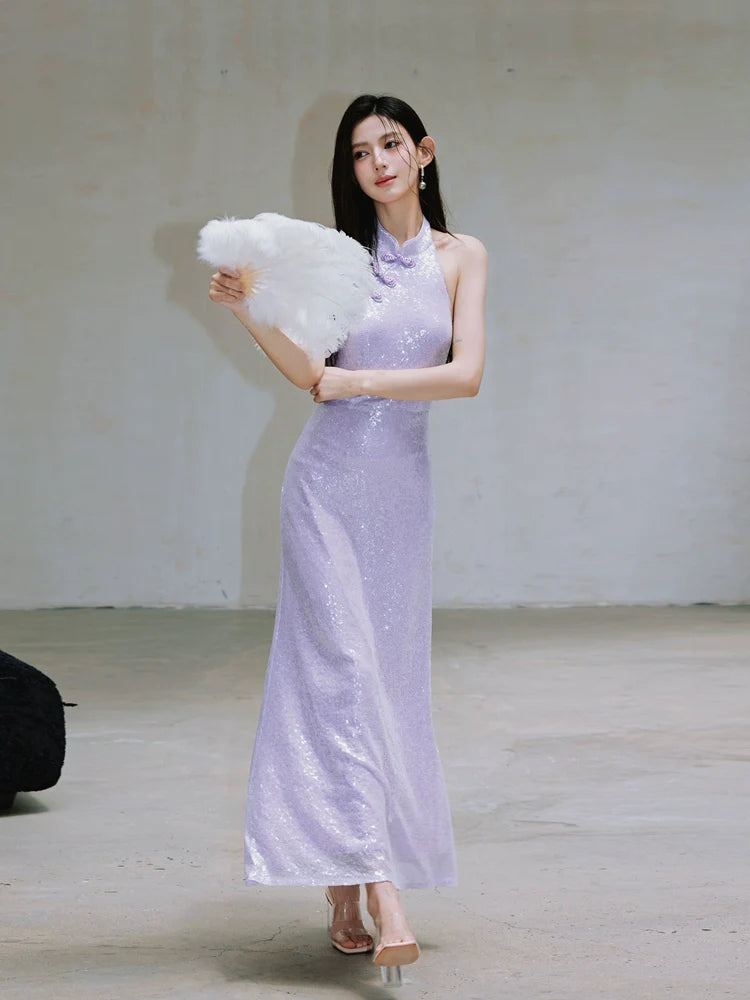 DOLLY Purple Chinese Style Hater Neck Button Sequin Long Wedding Guest Dress-Mama