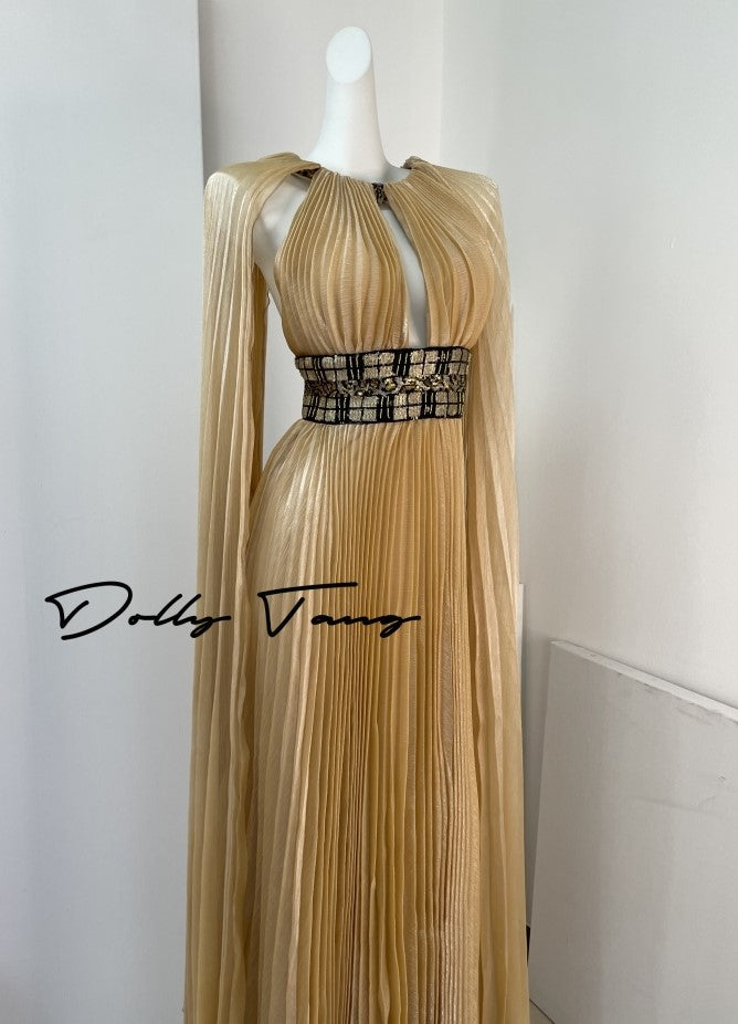 DOLLY High End Sleeveless Halter Shawl Long Pleated evening gown Dress-Linda