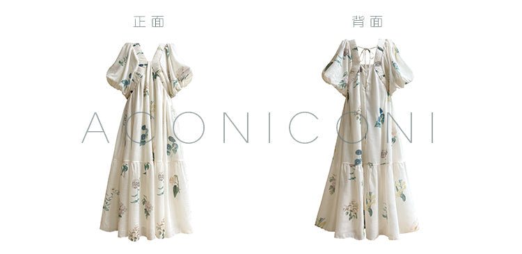 Aconiconi Elegant  Retro Floral Print V-Neck Short Sleeve Holiday Long Dress-Tingting Qingyao