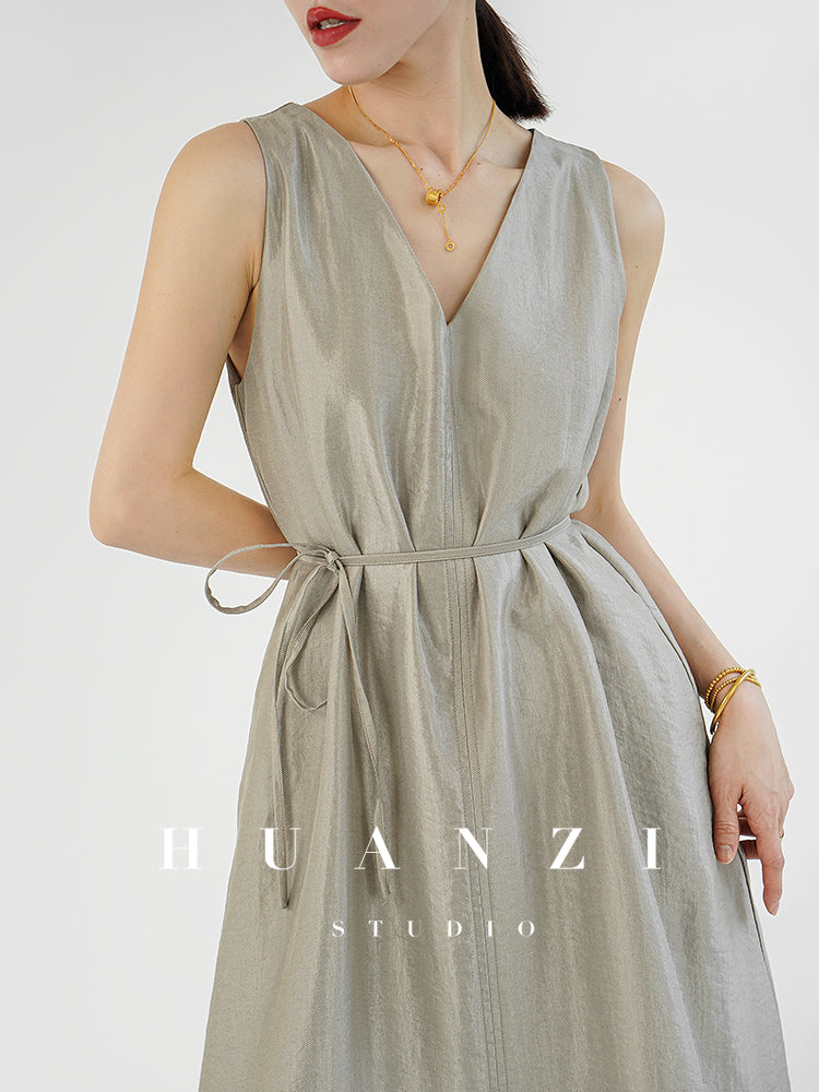 Huanzi custom high-end long sleeveless V-neck dress summer - Miel