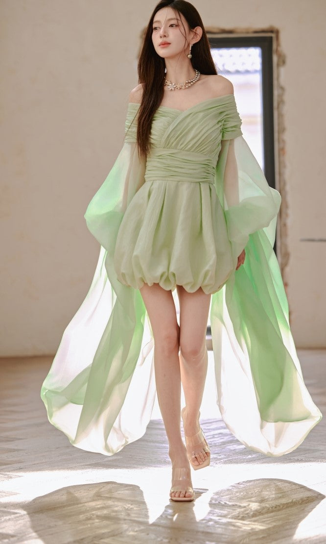 DOLLY High End Green ombre Off Shoulder Puff Sleeves Pleated Tutu Dress- Tulip