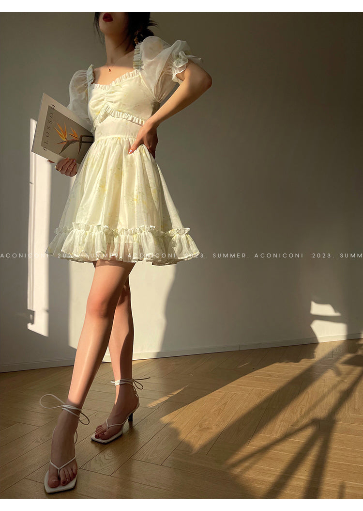 Aconiconi Luxury Off White floral print Puff Sleeve French cottaage bridal Dress- Yurui Chuning