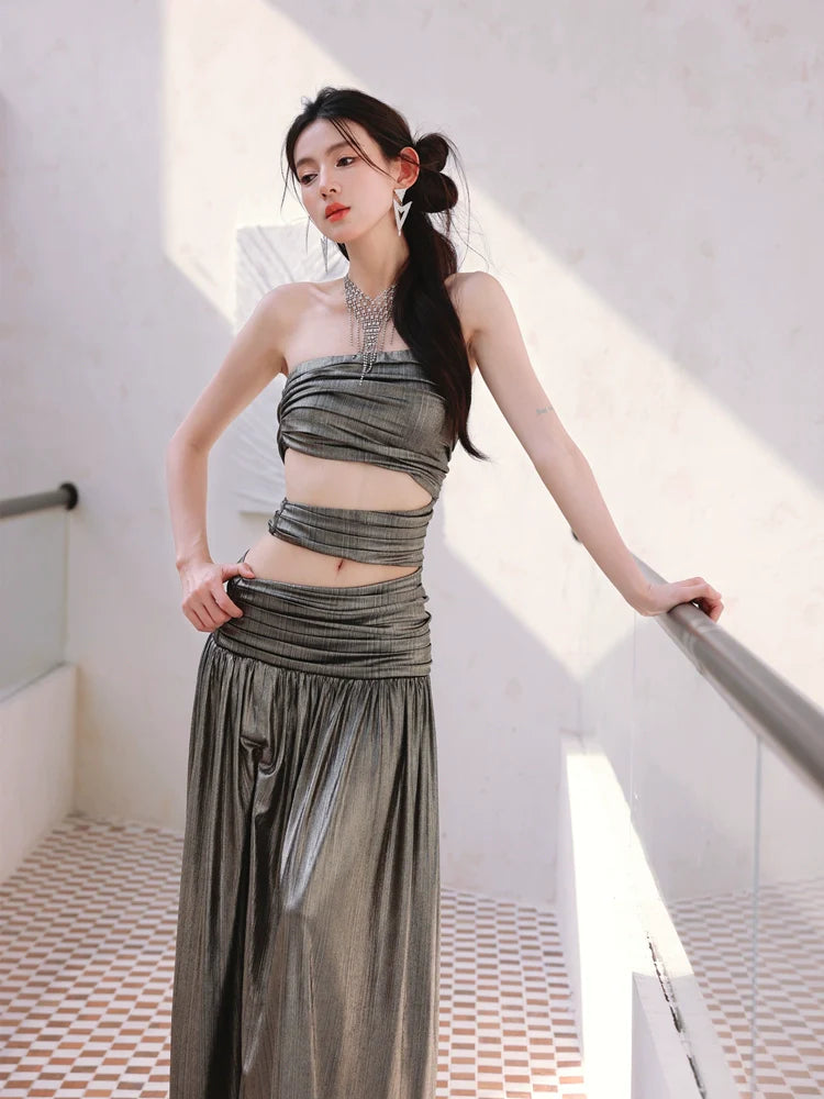 DOLLY Elegant Metallic Gray Skin Revealing Tube Top Long Dinner Dress-NIKITA