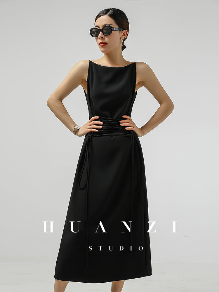 Huanzi French shoulders cinched waist women's summer Midi dress - Kendou