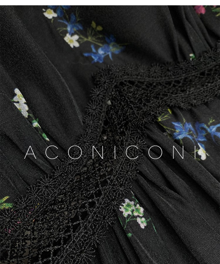 Aconiconi Luxury Black Retro Floral Print V-Neck Slim Waist Midi Cocktail Dress- Dark Fragrance