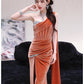 DOLLY Luxury Brown Velvet Greek Style Long Slit Banquet Dress-KARA