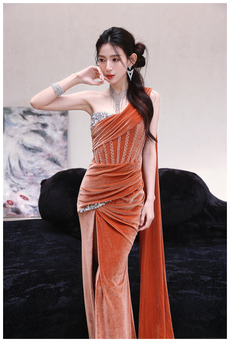 DOLLY Luxury Brown Velvet Greek Style Long Slit Banquet Dress-KARA