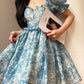 Aconiconi Elegant Blue French Print Short Princess Dress-  Blue Ocean Whisper