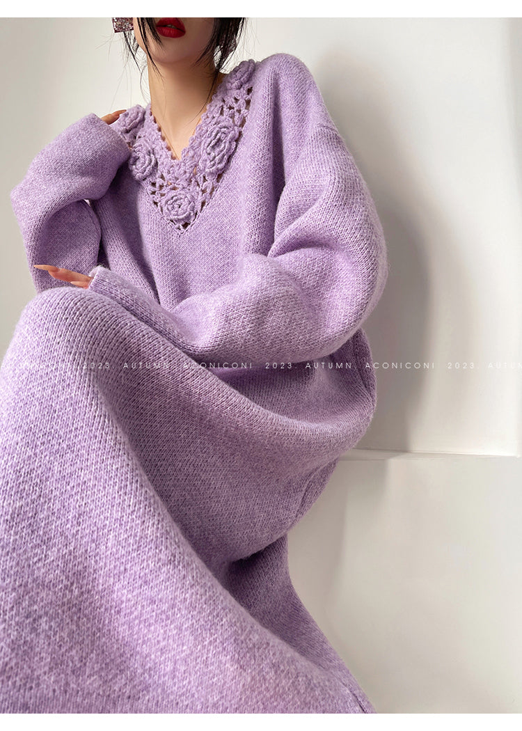 Aconiconi|Purple Flower Crochet openwork long cropped loose wool knit sweater  dress - Twilight